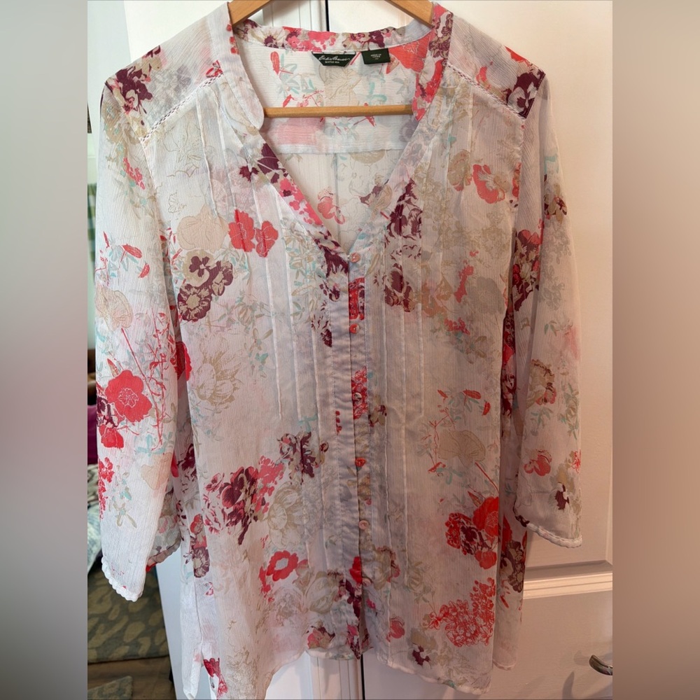 Eddie Bauer White Sheer Floral Tunic with Coral and Burgundy Accents